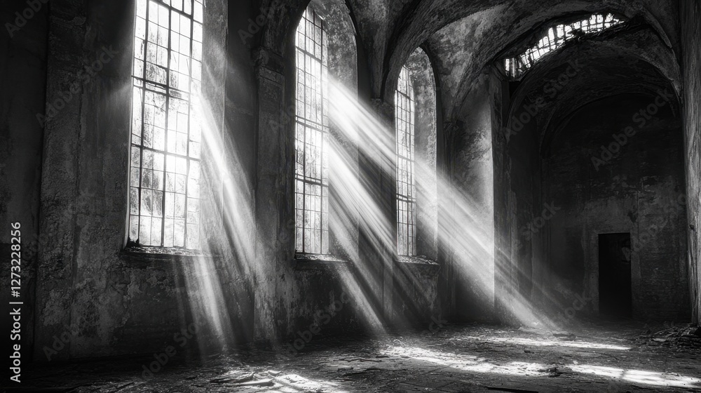 Aufkleber an abandoned building with dramatic light streaming through broken windows, creating a somber yet ca