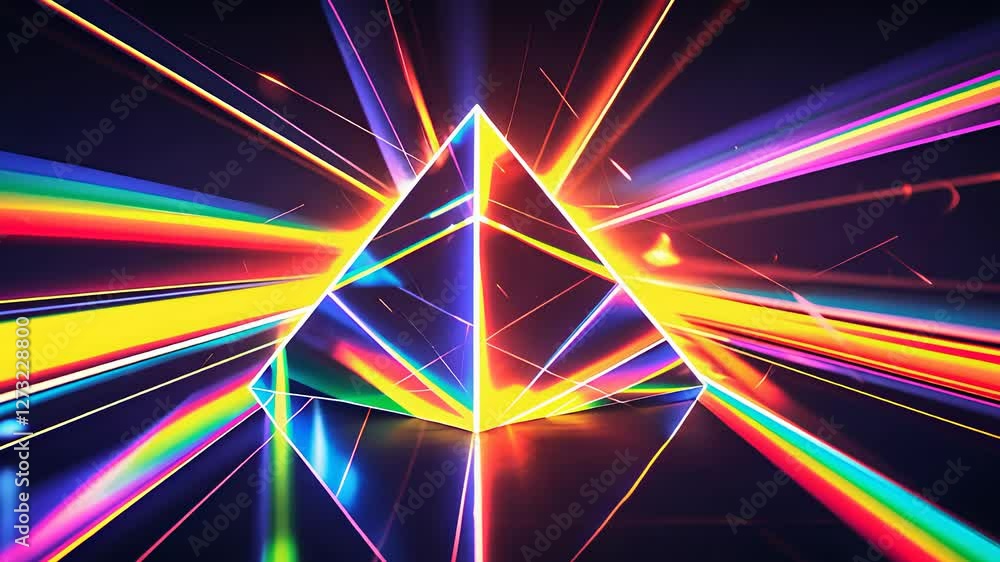 Poster glowing glass prism refracting multicolored light beams in a dark background creating a futuristic o