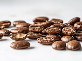 Naklejka premium Close-up of roasted coffee beans scattered on a white surface.