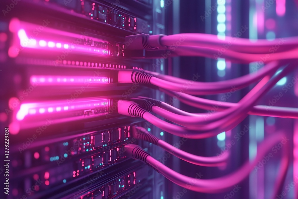 Poster close-up of server rack with glowing pink cables and network connections in a data center.