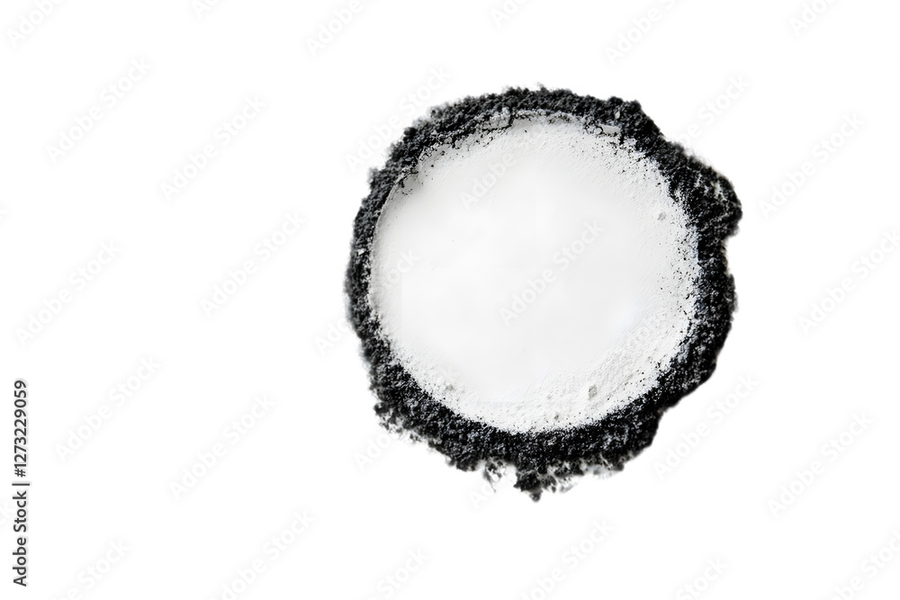 Poster white circle with a dark gray irregular border, isolated on a transparent background. the texture is