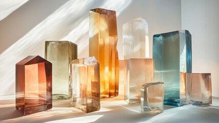 Colorful glass crystals in sunlight on a white surface.
