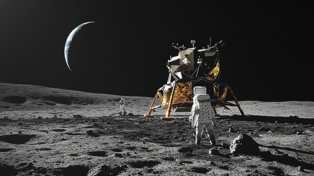 An astronaut walking on the moon surface with Earth rising in the background, evoking awe and wonder.