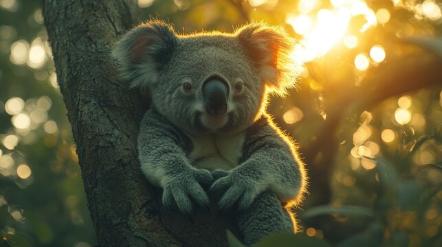 Australian Koala in Sunlight on Tree