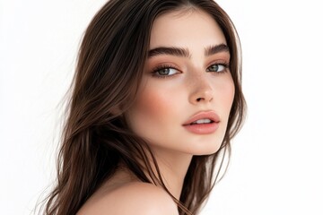 Naklejka premium Close-up portrait of a young woman with long brown hair and natural makeup, looking directly at the camera against a white background.