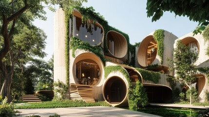 An eco-friendly construction scene with biodegradable materials and greenery incorporated into the design