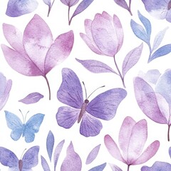 Obraz premium Watercolor floral pattern, pastel colors, lavender and teal leaves, butterflies, on a white background. tulips, lavender purple flowers, green leaves