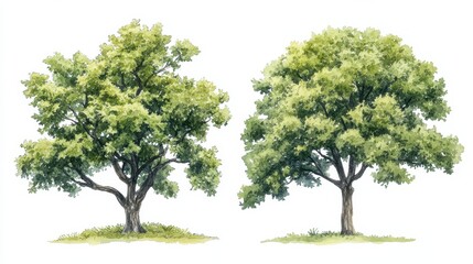 Obraz premium Set of watercolor green tree isolated on white background for landscape and architecture drawing, elements for environment and garden, botanical for section in spring.