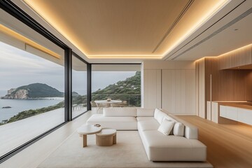 Modern minimalist living room with panoramic ocean view, featuring large windows, white sofa, and light wood floors.