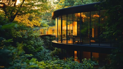 Obraz premium Modern glass house nestled in lush greenery, showcasing a harmonious blend of nature and architecture at sunset.