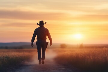 Silhouette of cowboy walking on dusty trail at sunset with warm sky. Western lifestyle and adventure concept