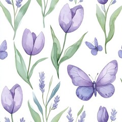 Watercolor floral pattern, pastel colors, lavender and teal leaves, butterflies, on a white background. tulips, lavender purple flowers, green leaves
