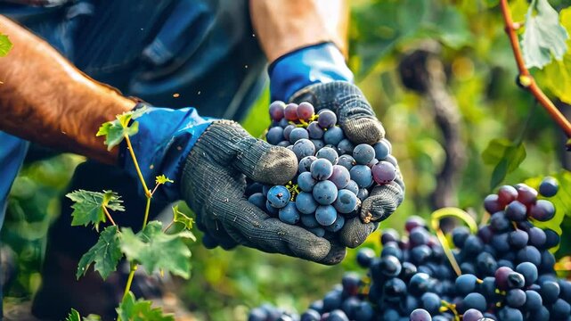farmer harvests grapes close-up