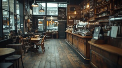 Rustic cafe interior with wooden decor, city view, and coffee bar