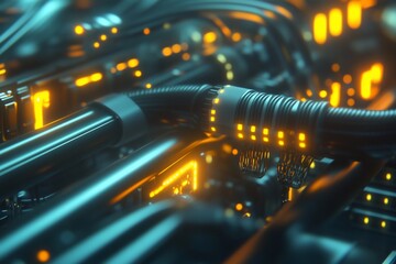 Close-up of intricate futuristic machinery with glowing orange lights and dark metallic components.