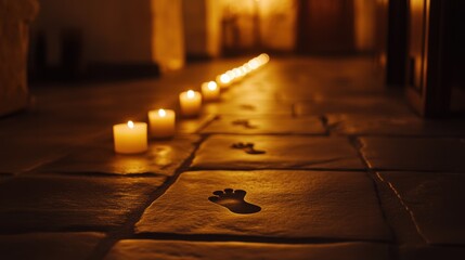 An intimate setting with footprints on the floor illuminated by soft, warm candlelight, evoking peace and spirituality.