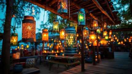 Obraz premium Upcycled Tin Can Lanterns, transform ordinary tin cans into stunning candle holders, featuring intricate designs and vibrant colors, perfect for enhancing any space's ambiance.