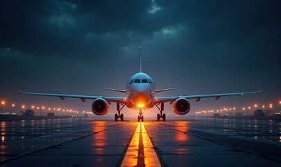 A dramatic view of an airplane on a runway at night, illuminated by its lights, capturing the essence of aviation and travel.