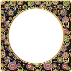 Vector colorful frame with rounded corners and geometric pattern of concentric multicolored circles with gold leaf and a round hole in the center for your text. Transparent background
