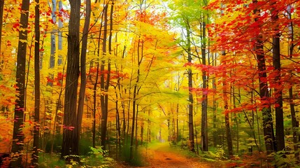 Fototapeta premium Autumn Forest Path: Golden and Red Leaves