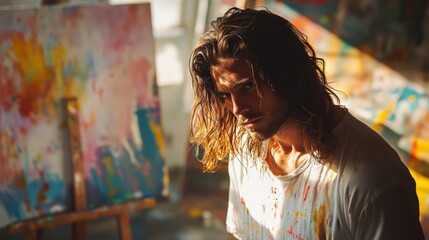 A focused artist surrounded by colorful canvases in a bright studio, capturing the essence of creativity and inspiration.