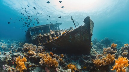 An underwater scene of thriving coral reefs embracing a shipwreck, where history meets nature's vitality