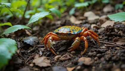 A brightly colored crab scuttling across the forest floor, moving through the leaves and underbrush with its vibrant shell catching the eye.
