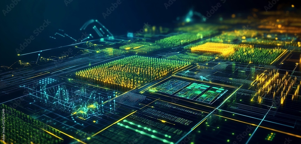 Poster abstract digital landscape with glowing lines and data grids.