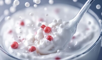 Yogurt with berries lifted by a spoon.