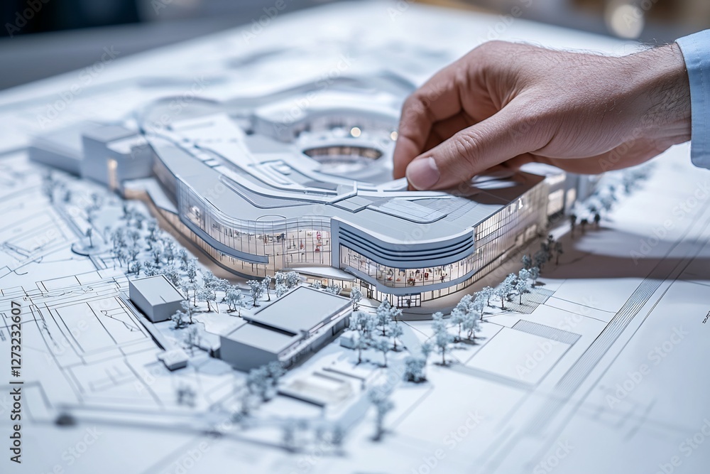 Poster hand interacting with architectural model of modern building complex.