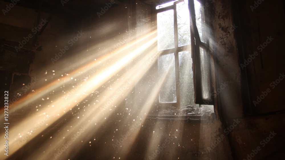 Poster beams of sunlight streaming into an abandoned building through broken windows, creating a melancholi