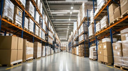 Vast warehouse interior with rows of stacked cardboard boxes on shelves.