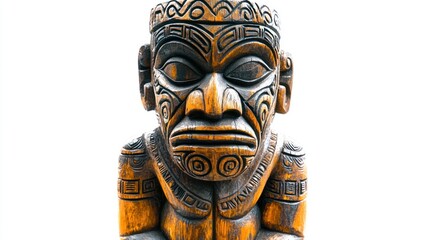 Fototapeta premium A Polynesian god, like TÅ«matauenga, with tribal face markings and a warrior's stance, on a white background.