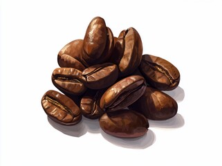 Obraz premium Close-up of a small pile of roasted coffee beans, isolated on white background.