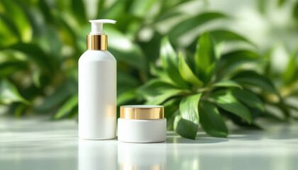 Elegant White Cosmetic Bottles Against Lush Green Leaves