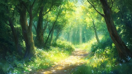 Fototapeta premium Sunbeams illuminate a forest path with lush green foliage