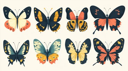 Set of colorful butterflies. Collection of different butterflies.