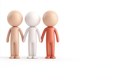 Three stylized wooden figures symbolizing diversity and unity through friendship and togetherness against a neutral background.