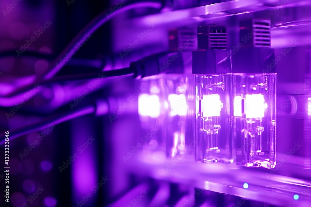 Poster close-up of illuminated server components in a data center.