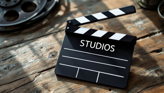 Film Studio Clapperboard On Wooden Surface
