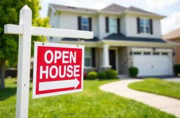 Modern open house sign in suburban yard with two-story home, blurred background