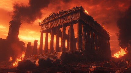 Fototapeta premium Burning ancient temple ruins, apocalyptic sunset, destruction, game asset