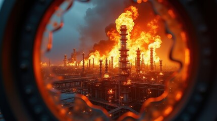 Industrial Firestorm Engulfing Refinery at Dusk With Flames and Billowing Smoke