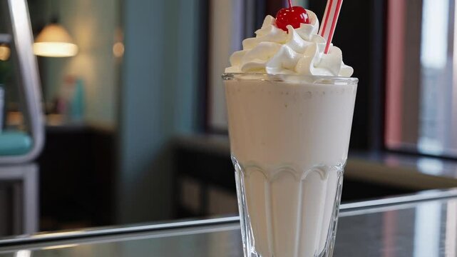 Close-up video of a vanilla milkshake with whipped cream and cherry, shot at eye level in a retro diner setting, capturing a nostalgic vibe.