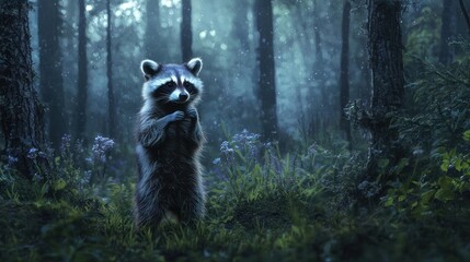 Obraz premium A raccoon standing on its hind legs in a forest at twilight