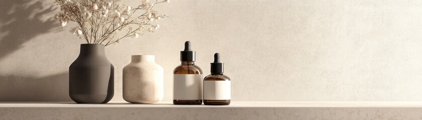 Dried Flowers and Amber Glass Bottles on Shelf