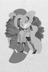 Creative magazine template collage of lady guy have soulmate romance dating over colorful gerbera...