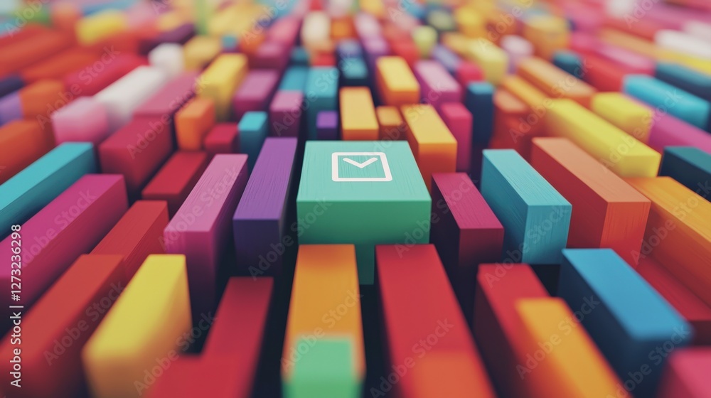 Poster customer experience interaction data concept. colorful abstract blocks with a central green key symb