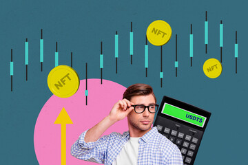 Composite artwork photo collage template sketch of young man think calculator money coins nft...
