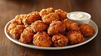 A plate of crispy fried chicken wings served with a side of dipping sauce.